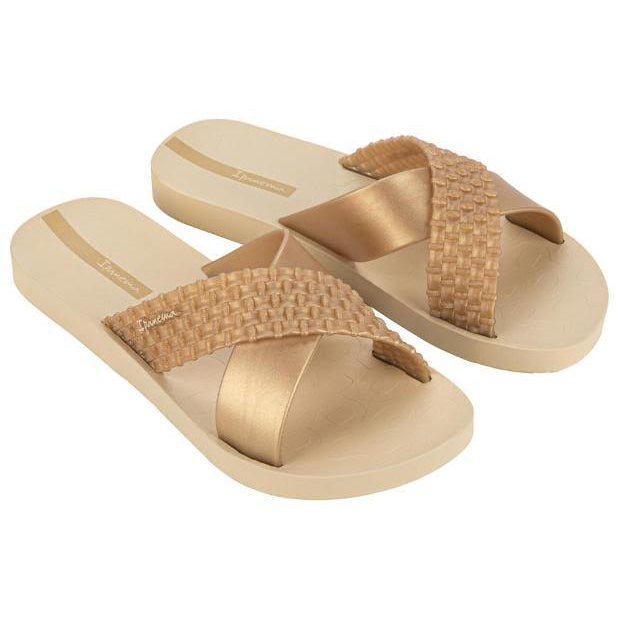 Sandalias Ipanema Sense Slide mujer beige con detalles dorados tipo pala elegantes y cómodas para verano
