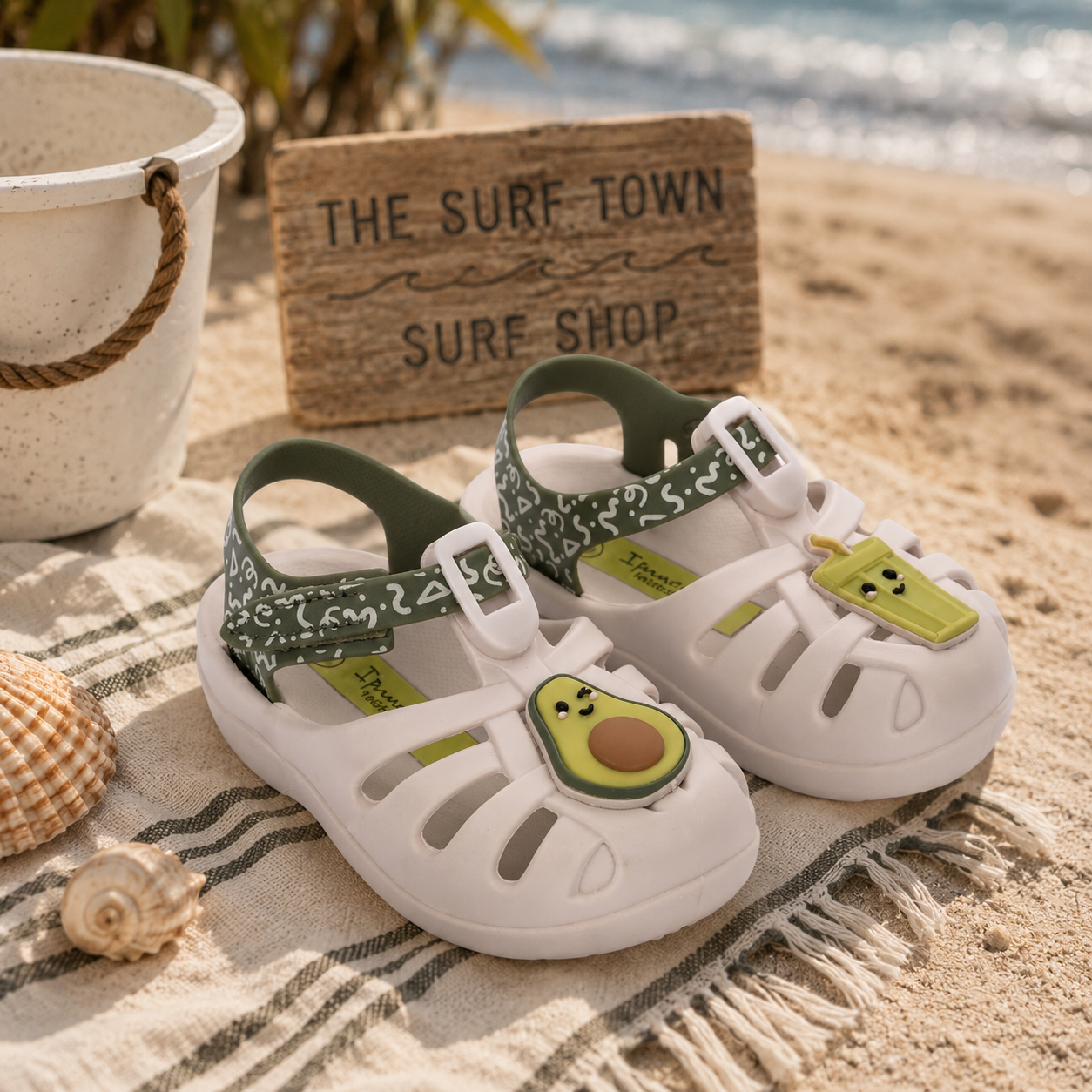Sandalias bebé Ipanema beige y verde con detalle aguacate en ambiente playa mediterránea surf lifestyle