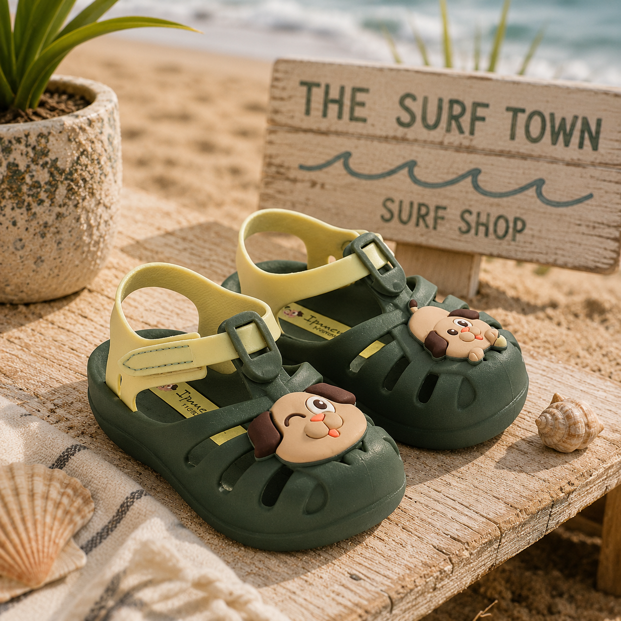 Sandalias bebé Ipanema verdes con dibujo de perrito en ambiente playa surf lifestyle mediterráneo