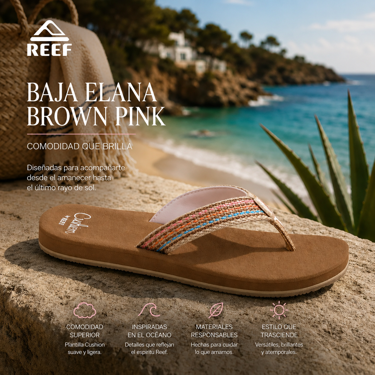 Sandalias Reef Baja Elana Brown Pink para mujer en escena lifestyle premium frente al mar con estética surf mediterránea y ambiente veraniego