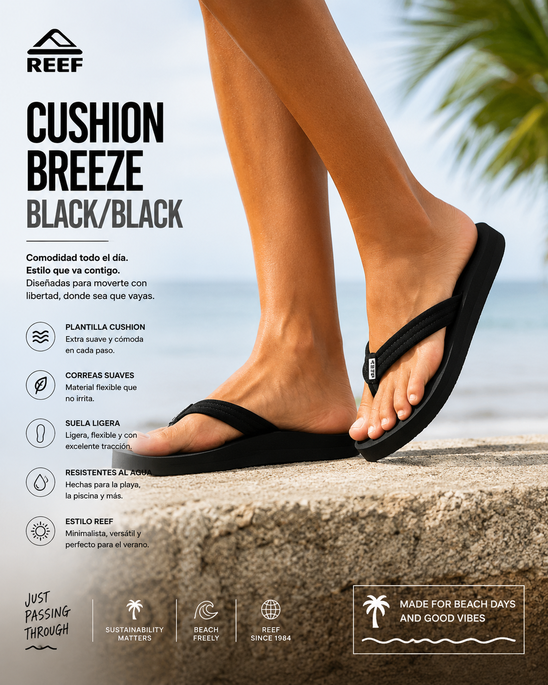 Sandalias Reef Cushion Breeze Black Black mujer estilo beach lifestyle premium
