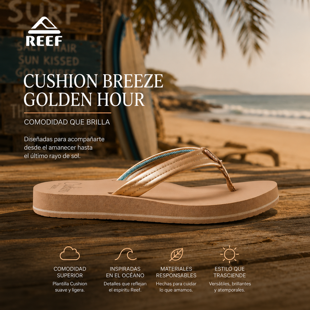 Sandalias Reef Cushion Breeze Golden Hour para mujer en escena lifestyle surf premium con playa tropical y luz cálida de verano