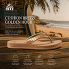 Sandalias Reef Cushion Breeze Golden Hour para mujer en escena lifestyle surf premium con playa tropical y luz cálida de verano