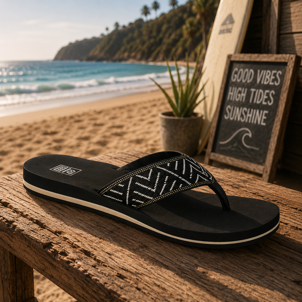 Sandalias Reef Spring Woven Black Cream para mujer sobre madera junto a la playa con estilo beach lifestyle premium y ambiente Costa del Sol