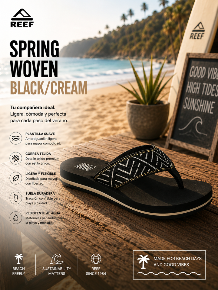 Reef Spring Woven Black Cream Sandalen