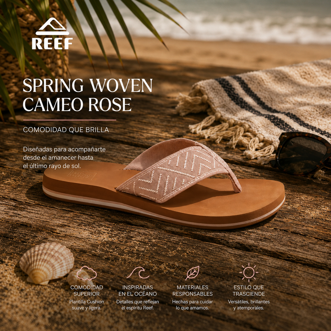 Sandalias Reef Spring Woven Cameo Rose para mujer en escena lifestyle premium de playa con estética surf natural y luz cálida mediterránea