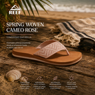 Sandalias Reef Spring Woven Cameo Rose para mujer en escena lifestyle premium de playa con estética surf natural y luz cálida mediterránea