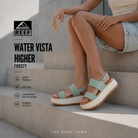 Fotografía propia de THE SURF TOWN de las sandalias Reef Water Vista Higher Frosty para mujer en escaleras de hormigón modernas con estilo lifestyle premium