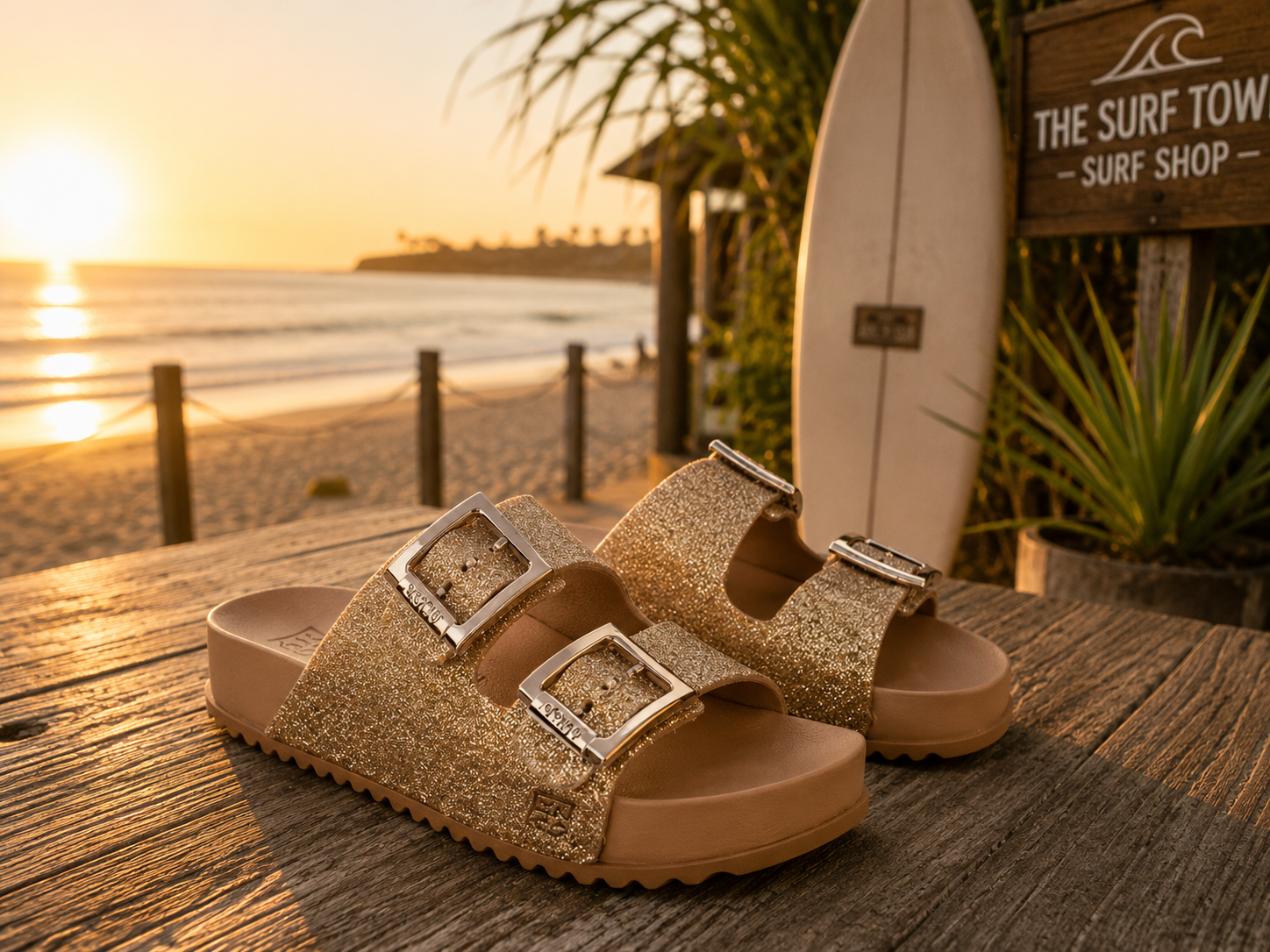 Sandalias Zaxy Partner Glitter Honey Beige para mujer en beach club coastal lifestyle premium al atardecer
