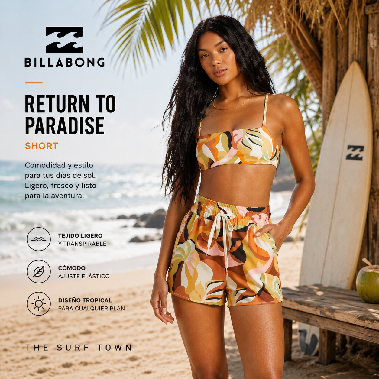 Short Billabong Return To Paradise para mujer en fotografía editorial propia de THE SURF TOWN, short tropical estampado estilo surf lifestyle en playa paradisíaca