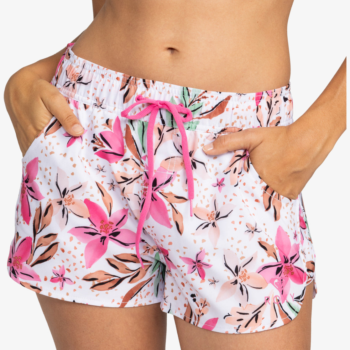 Short de playa ROXY Wave Printed 2 Inch White mujer estampado tropical ligero y de secado rápido verano