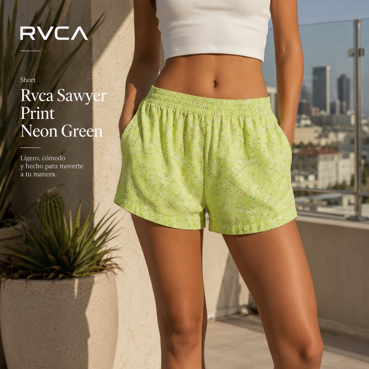 Short Rvca Sawyer Print Neon Green de mujer en rooftop moderno con estética editorial surfwear premium y luz natural