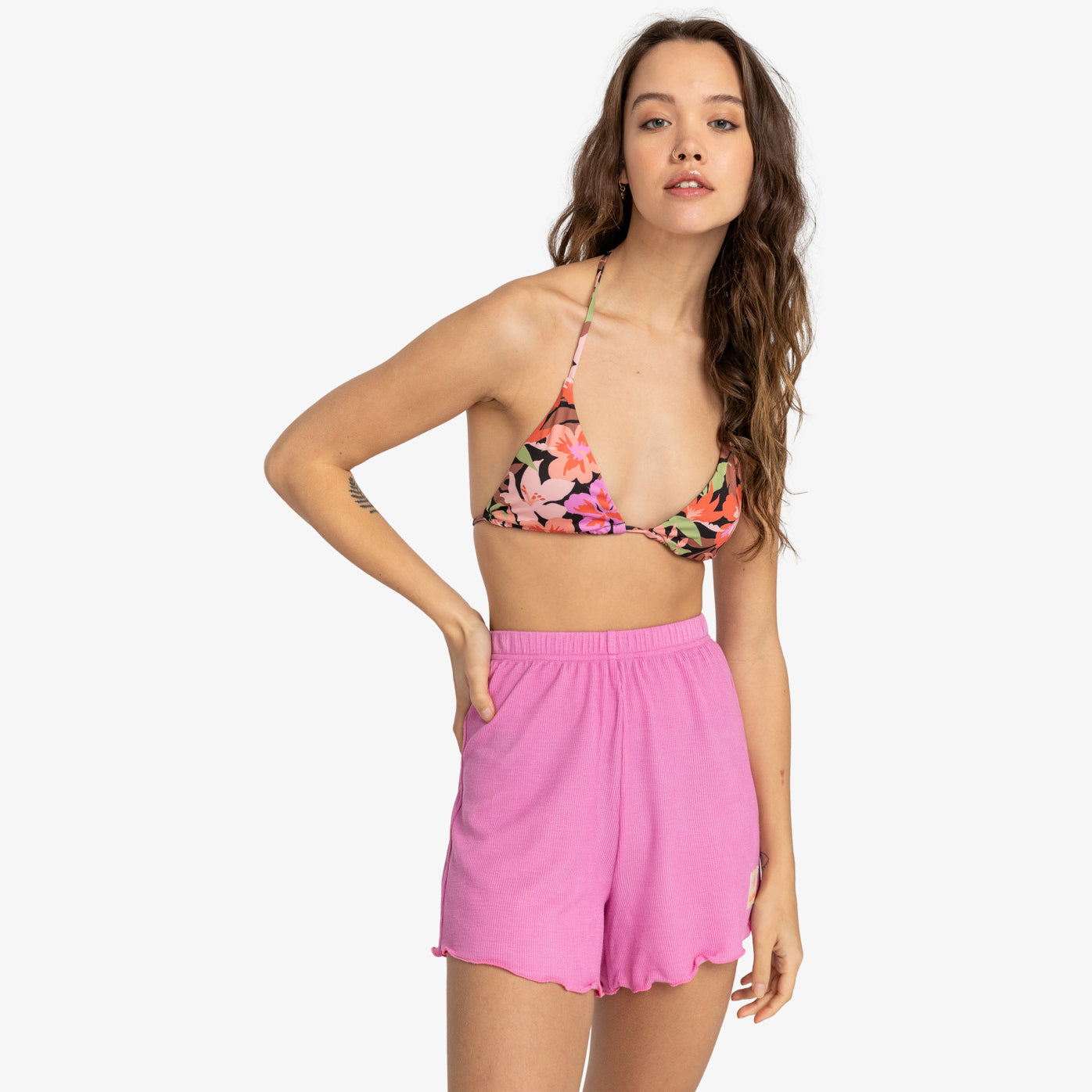 Short BILLABONG At Sunrise Lush Lilac rosa lilac de cintura alta para mujer con tejido acanalado