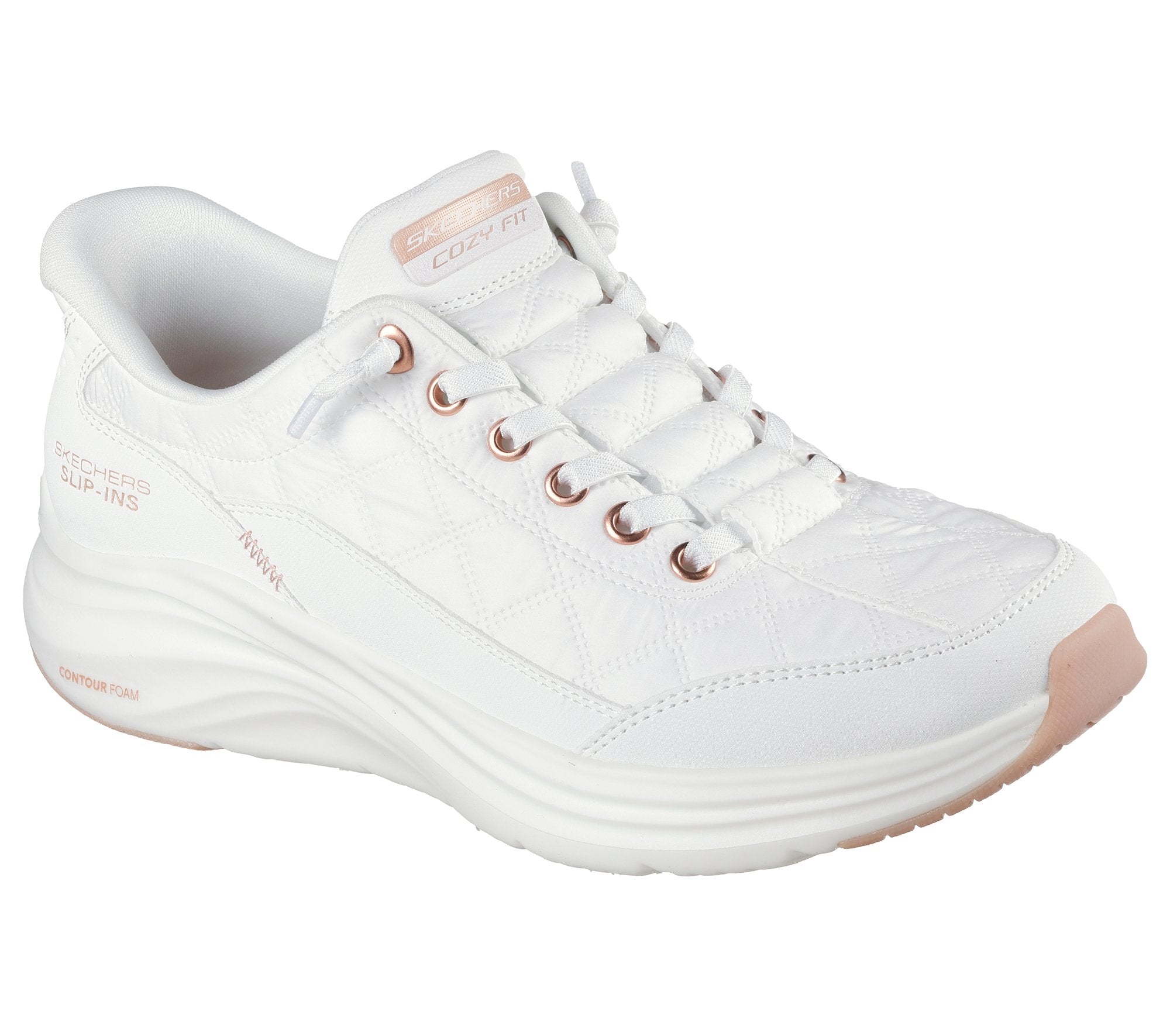 Zapatillas Skechers Slip-ins Contour Foam Cozy Fit Golden Hour White/Rose Gold, vista en perspectiva