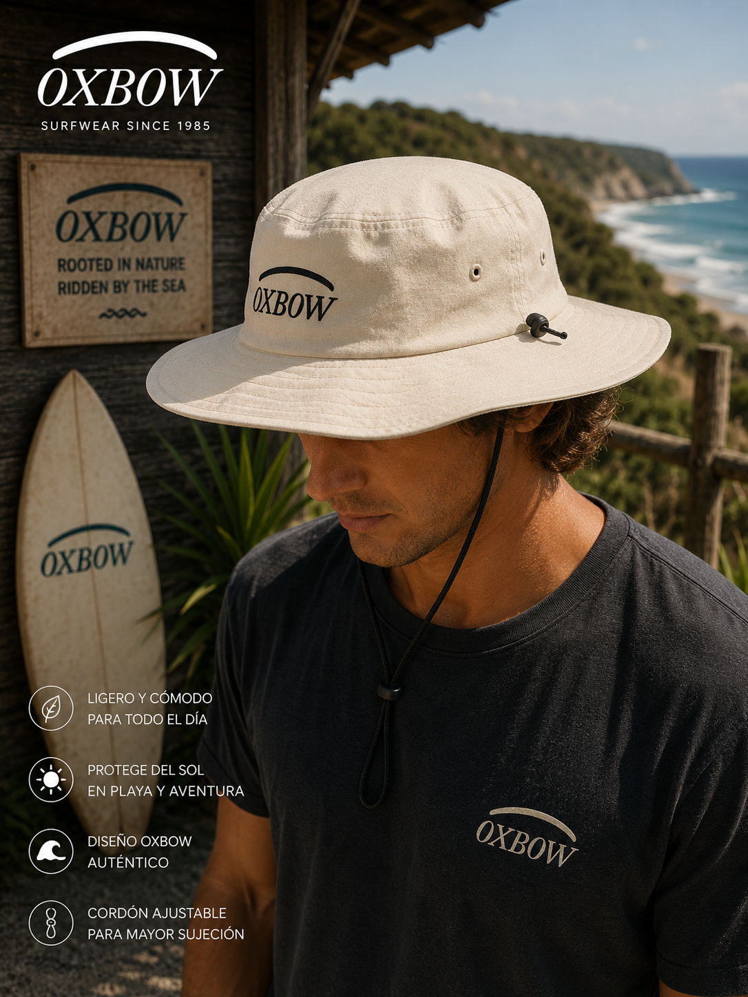 Sombrero Oxbow Ebush Dune beige hombre en escenario coastal premium con estética editorial surf cinematográfica