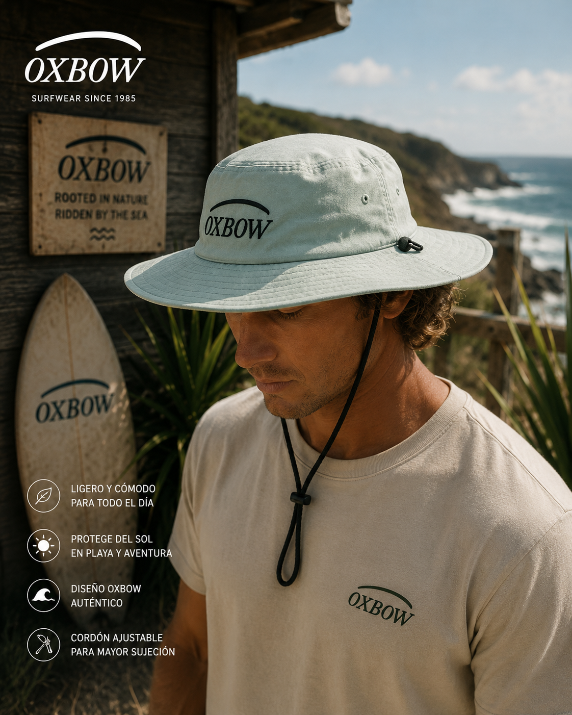 Sombrero Oxbow Ebush Eucalyptus verde con cordón en escenario coastal premium y estética editorial surf cinematográfica