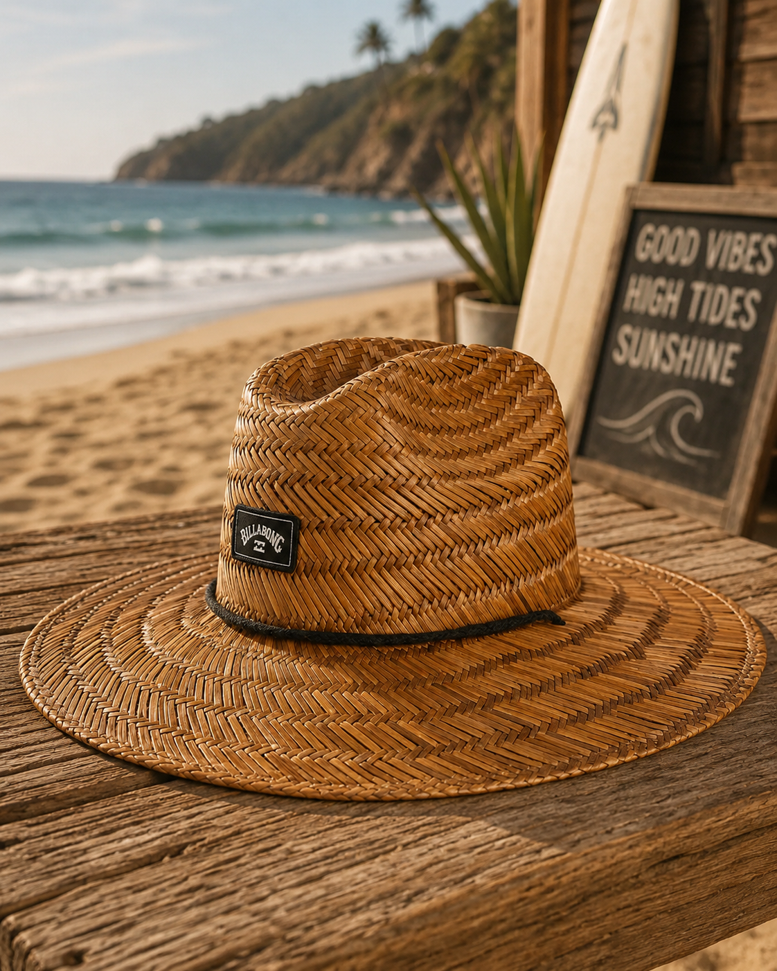 Sombrero de paja Billabong Tides Brown sobre madera junto a la playa con estilo surf lifestyle y ambiente Costa del Sol