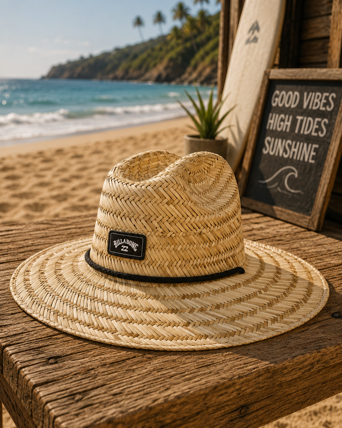 Sombrero de paja Billabong Tides Natural sobre madera junto a la playa con estilo surf lifestyle y ambiente Costa del Sol