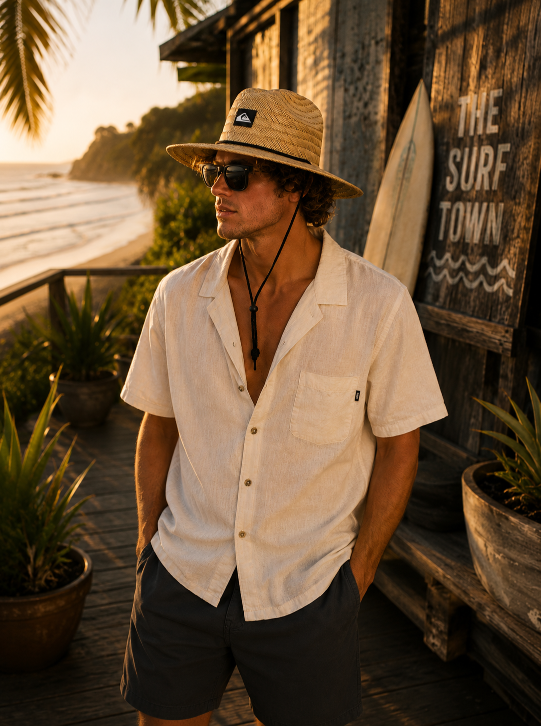Sombrero Quiksilver de paja natural estilo surf premium en sunset beach club Costa del Sol
