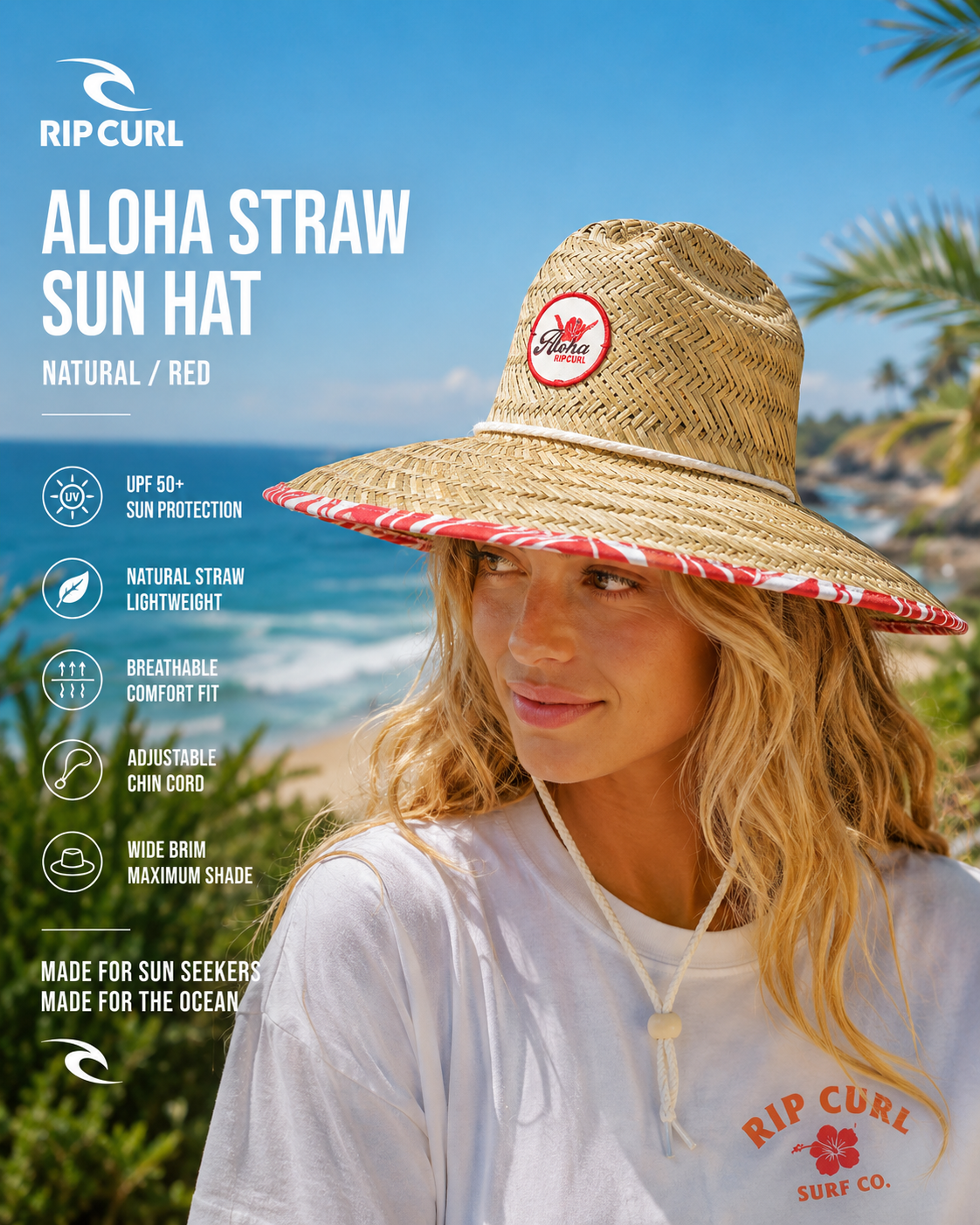 Sombrero Rip Curl Mixed Straw Lily en playa tropical luminosa con estética surf lifestyle femenina premium