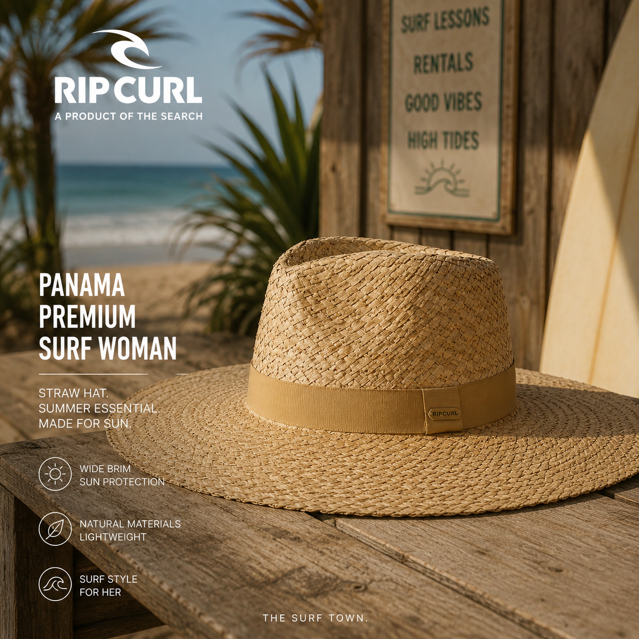 Sombrero Rip Curl Panama Premium Surf Woman de rafia natural para mujer con estilo surf elegante

SEO Merchant