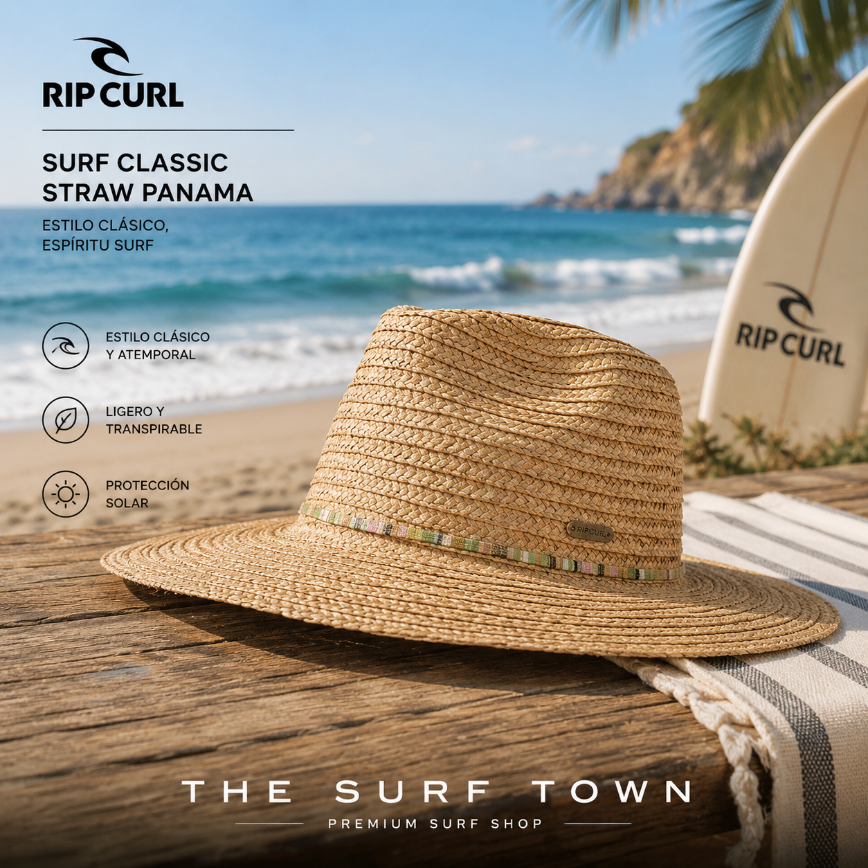 Sombrero Rip Curl Surf Classic Straw Panama, fotografía editorial propia de THE SURF TOWN sobre una mesa de madera frente al mar, inspirado en el estilo de vida surf y las vacaciones de verano con protección solar y estilo casual.