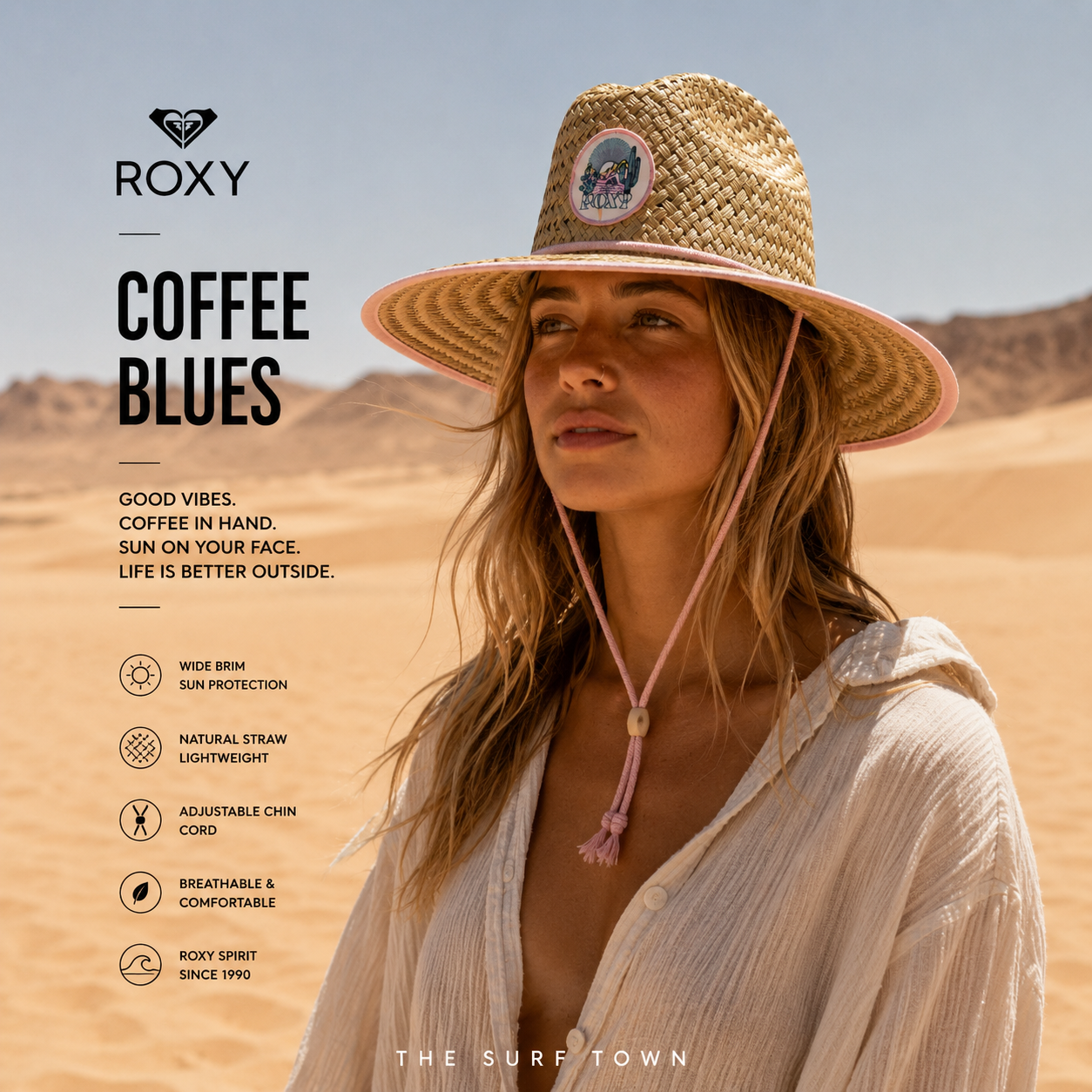 Fotografía propia de THE SURF TOWN del sombrero Roxy Coffee Blues para mujer en dunas del desierto con estilo beach lifestyle premium