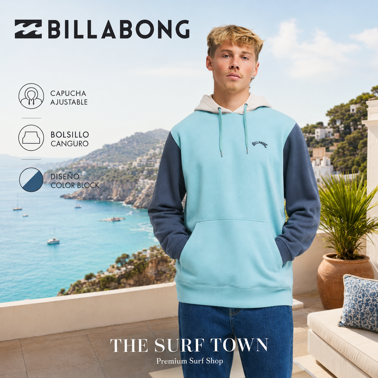 Sudadera Billabong Arch Block Po Blue Haze para hombre con capucha y diseño color block