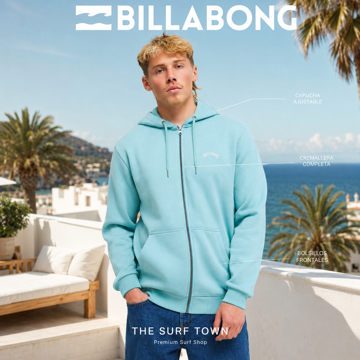 Sudadera Billabong Arch Blue Haze para hombre con capucha y cremallera, imagen editorial de THE SURF TOWN