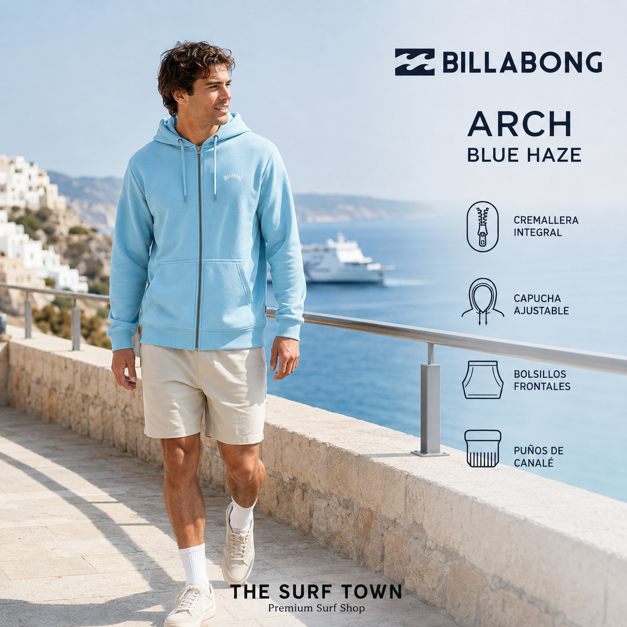 Sudadera Billabong Arch Blue Haze con cremallera y capucha, imagen editorial propia de THE SURF TOWN