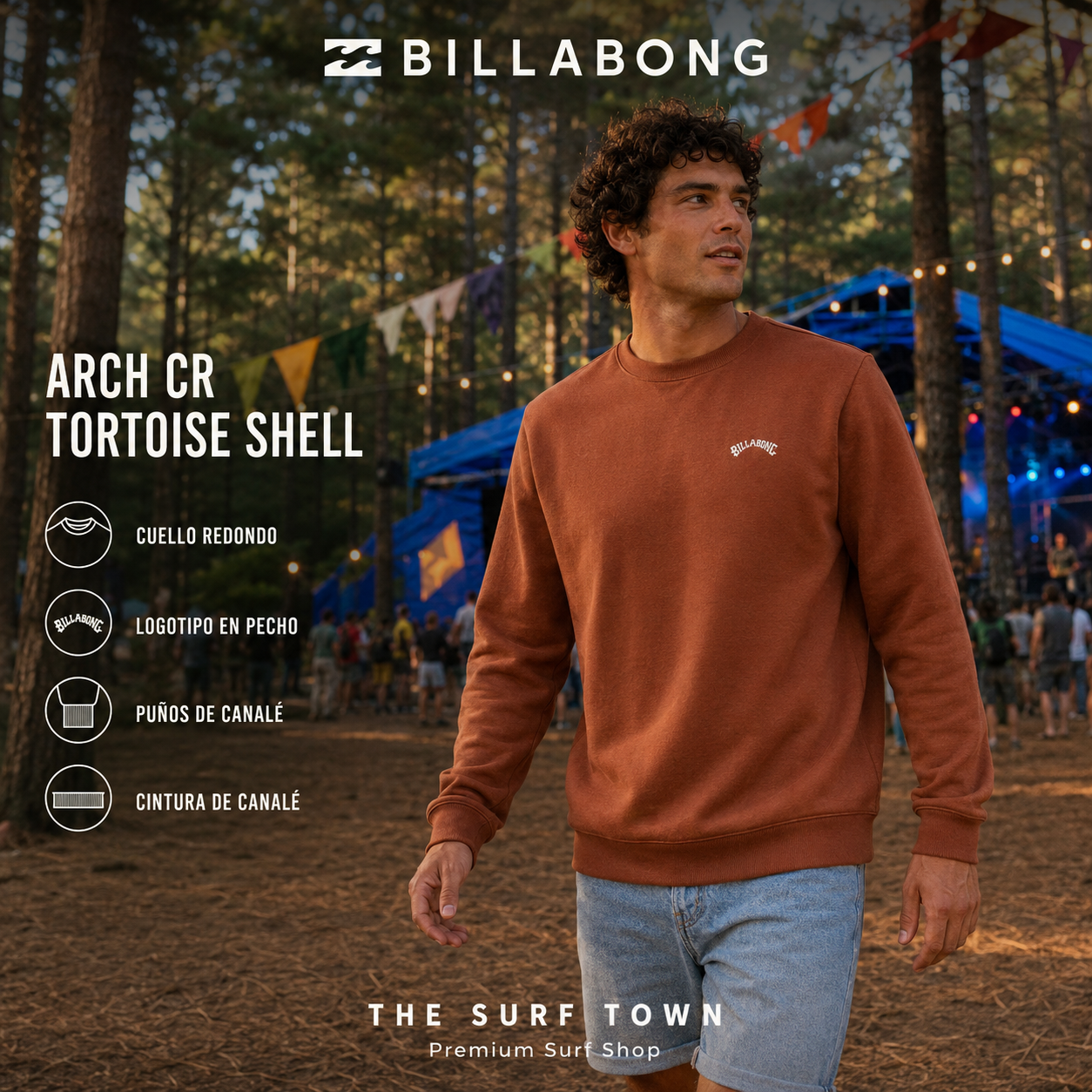 Sudadera Billabong Arch CR Tortoise Shell de cuello redondo para hombre, imagen editorial propia de THE SURF TOWN