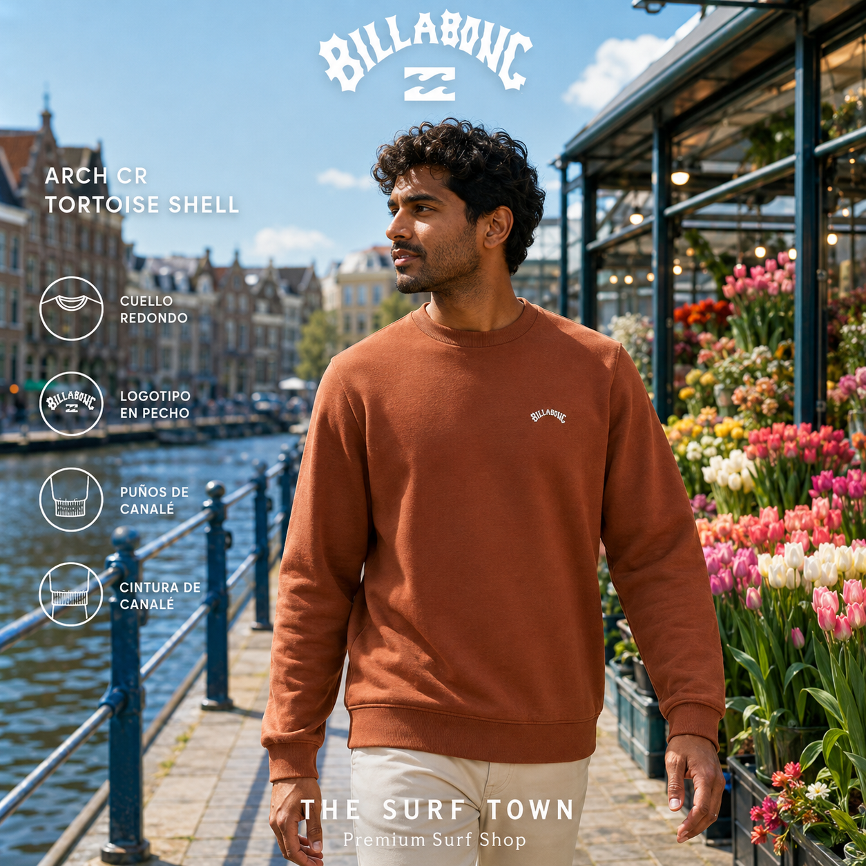 Sudadera Billabong Arch CR Tortoise Shell de cuello redondo para hombre, imagen editorial propia de THE SURF TOWN