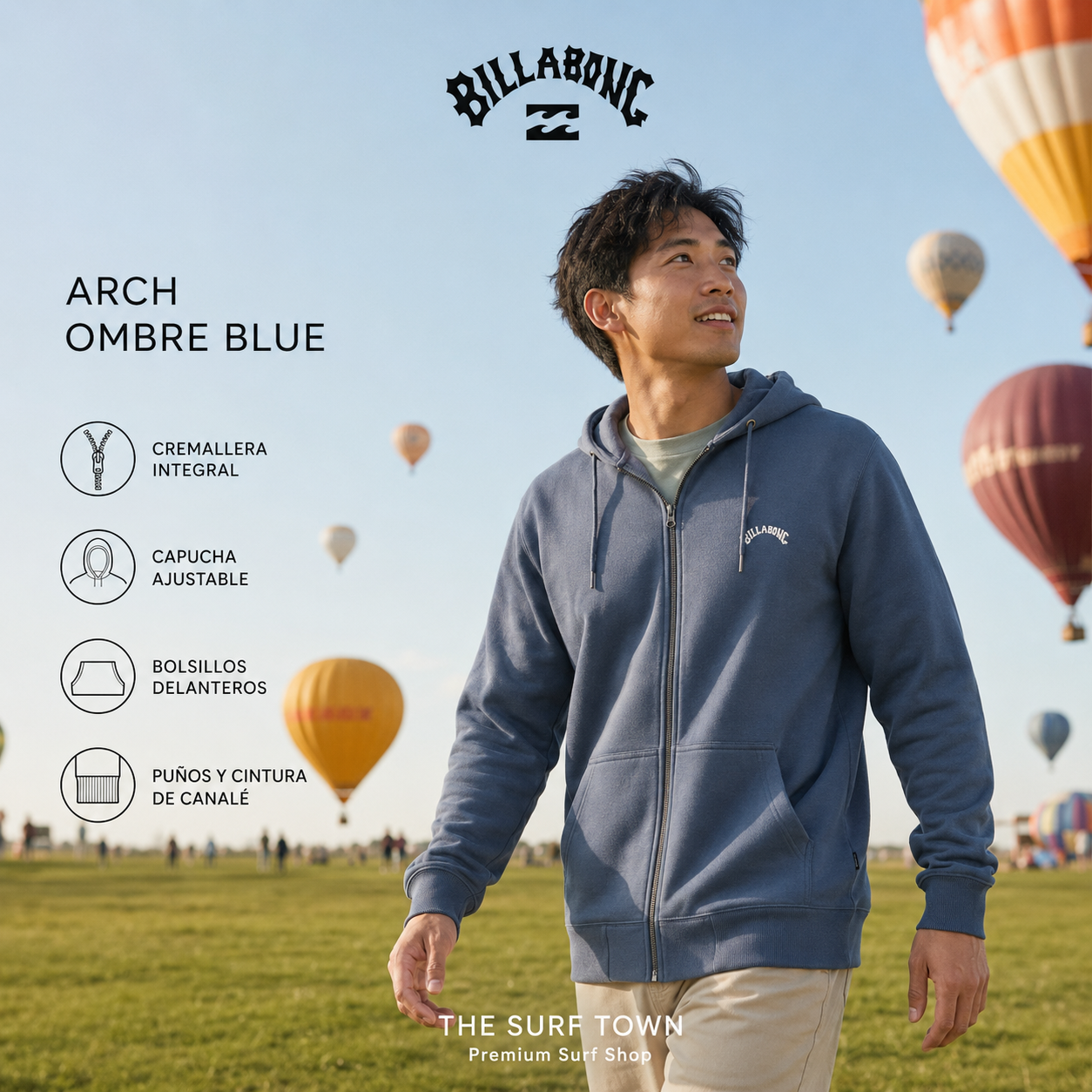 Sudadera Billabong Arch Ombre Blue con capucha y cremallera integral para hombre, imagen editorial propia de THE SURF TOWN