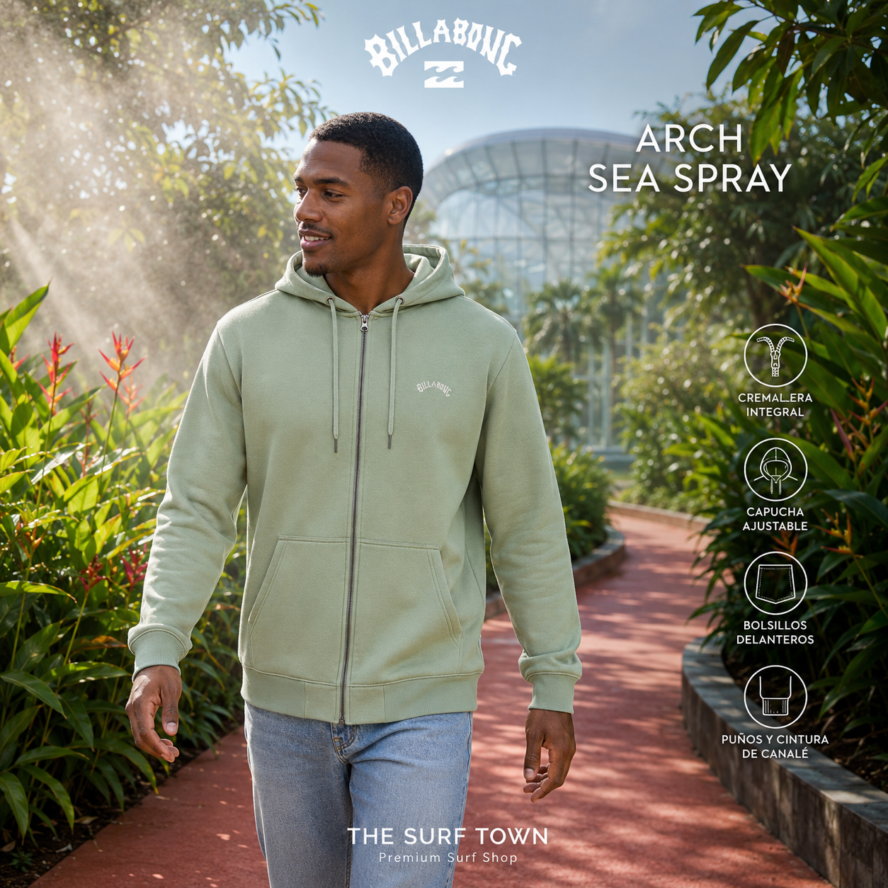 Sudadera Billabong Arch Sea Spray con capucha y cremallera integral para hombre, imagen editorial propia de THE SURF TOWN