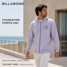 Sudadera Billabong Foundation Purple Ash de color lila claro con cremallera integral, imagen editorial propia de THE SURF TOWN