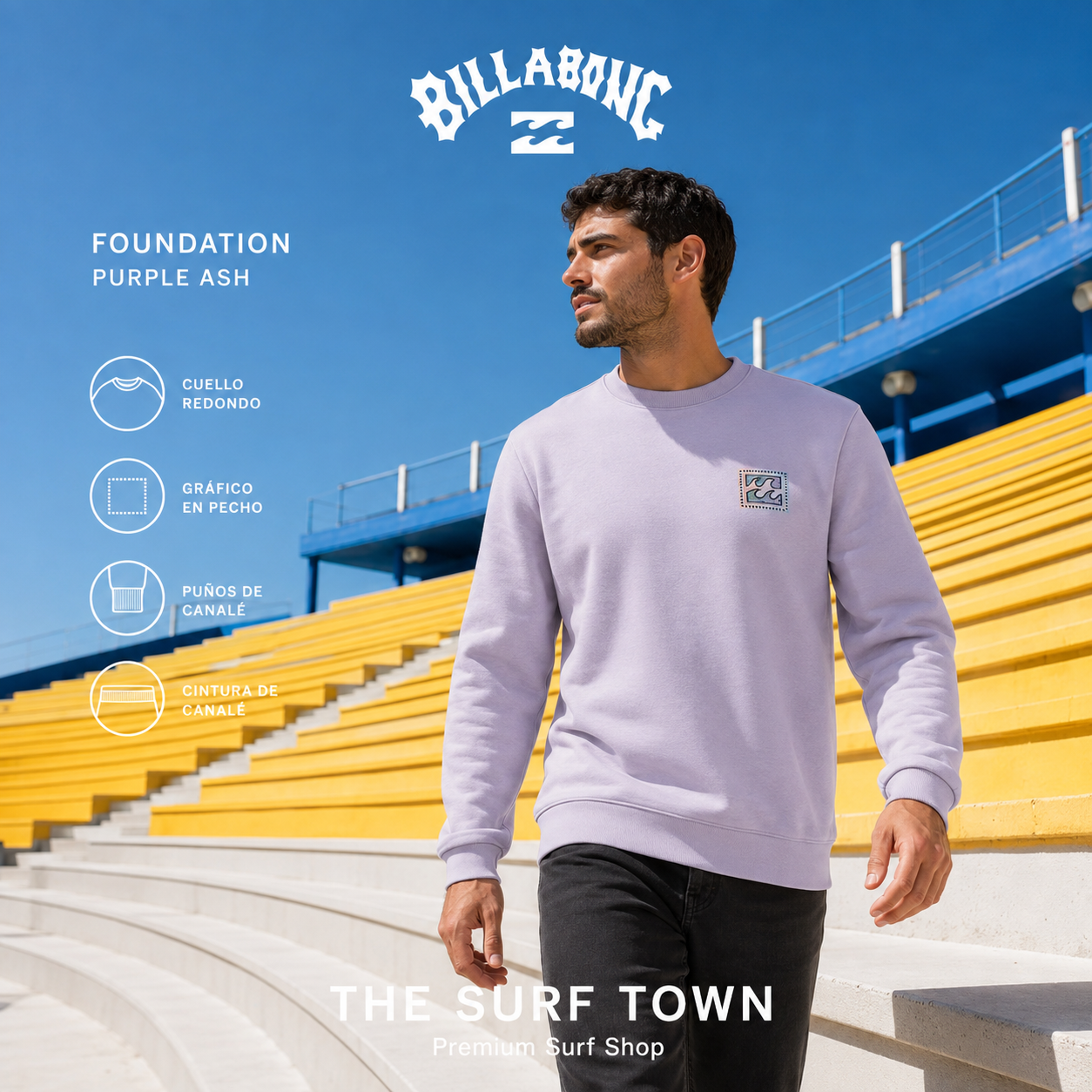 Sudadera Billabong Foundation Purple Ash de cuello redondo para hombre, imagen editorial propia de THE SURF TOWN