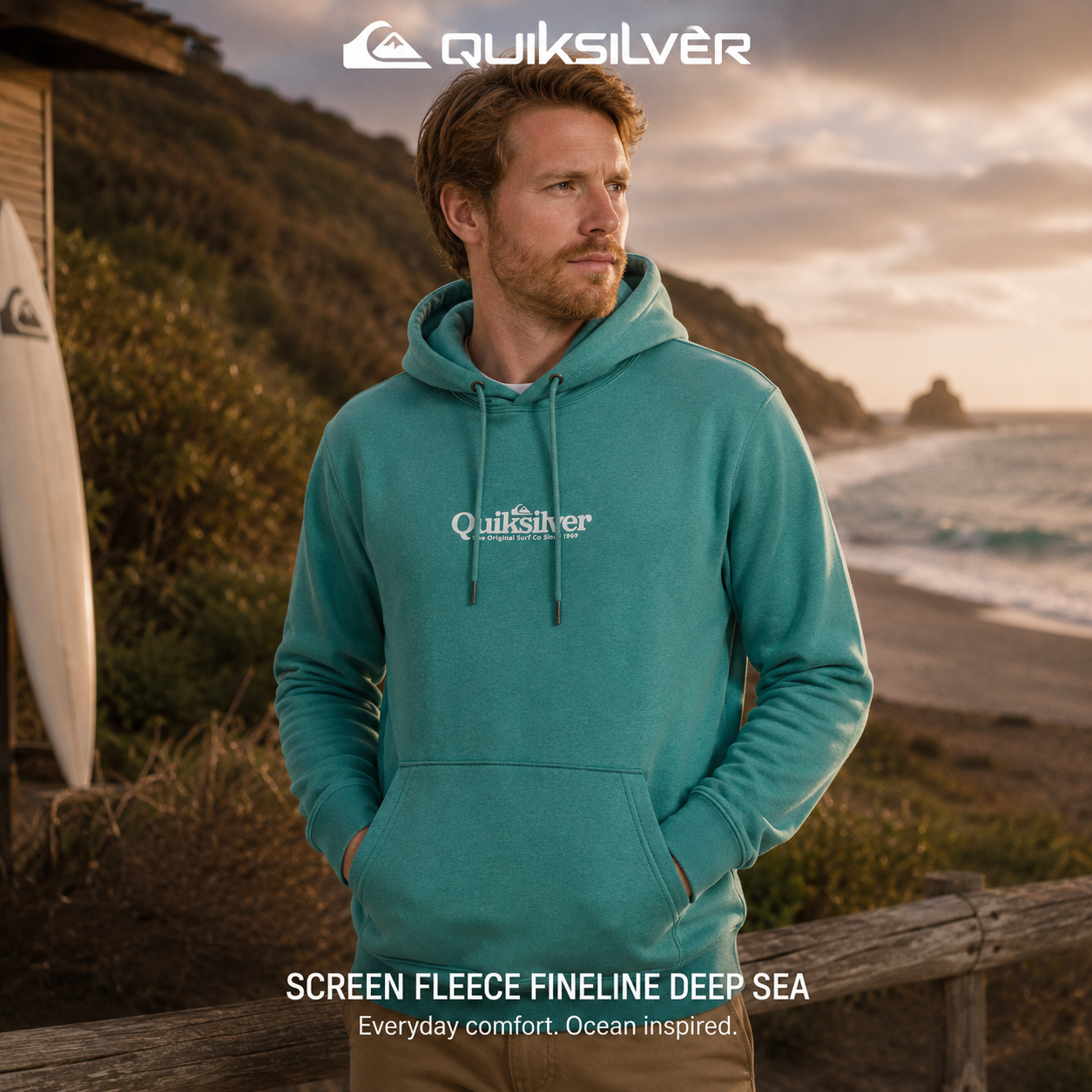Sudadera Quiksilver Screen Fleece Fineline Deep Sea para hombre con capucha, bolsillo canguro y color azul turquesa inspirado en el océano