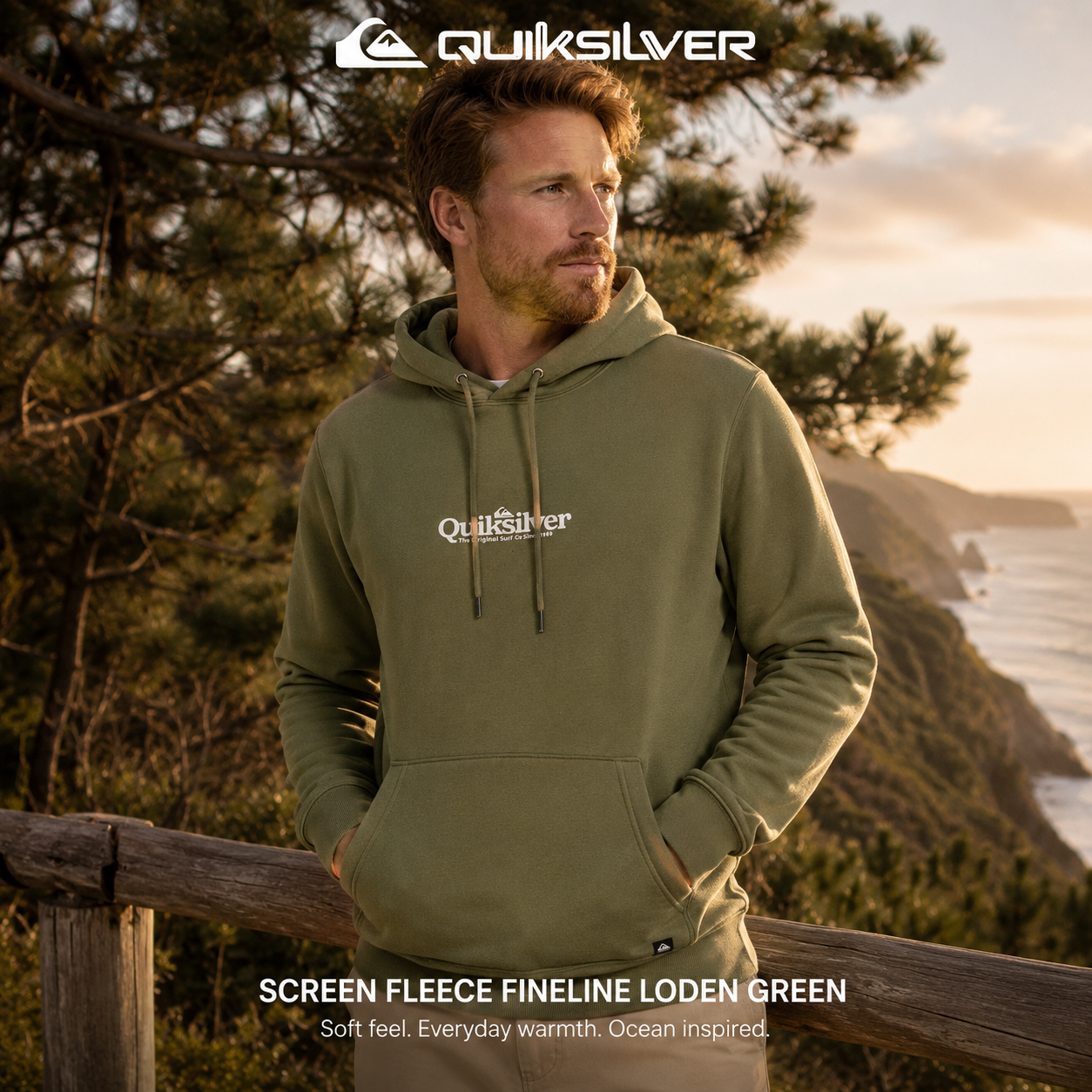 Sudadera Quiksilver Screen Fleece Fineline Loden Green para hombre con capucha, bolsillo canguro y color verde loden inspirado en la naturaleza