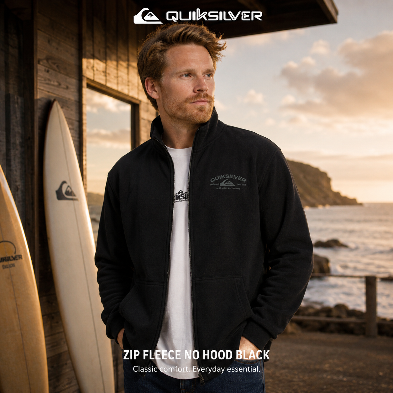 Sudadera Quiksilver Zip Fleece No Hood Black para hombre en color negro con cremallera completa y estilo surfwear premium