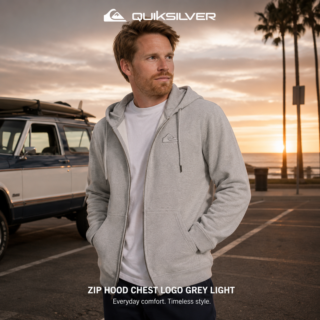 Sudadera Quiksilver Zip Hood Chest Logo Grey Light para hombre con cremallera completa, capucha y estilo surfwear casual