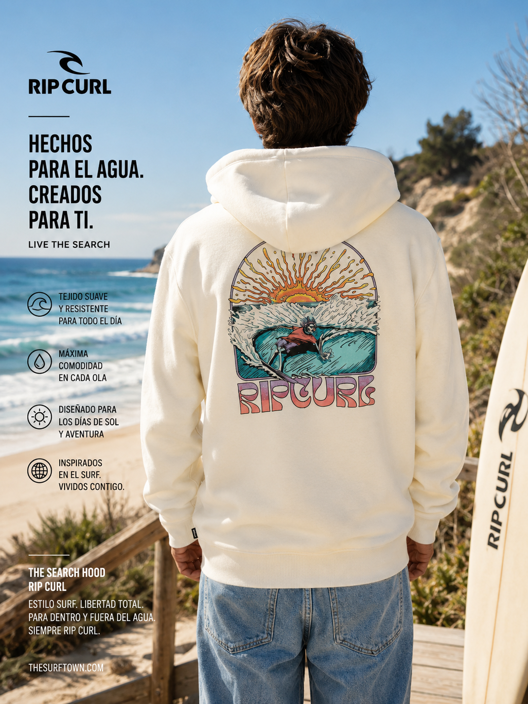 Sudadera Rip Curl Search Hood off white para hombre con estampado surfero y estilo surfwear premium