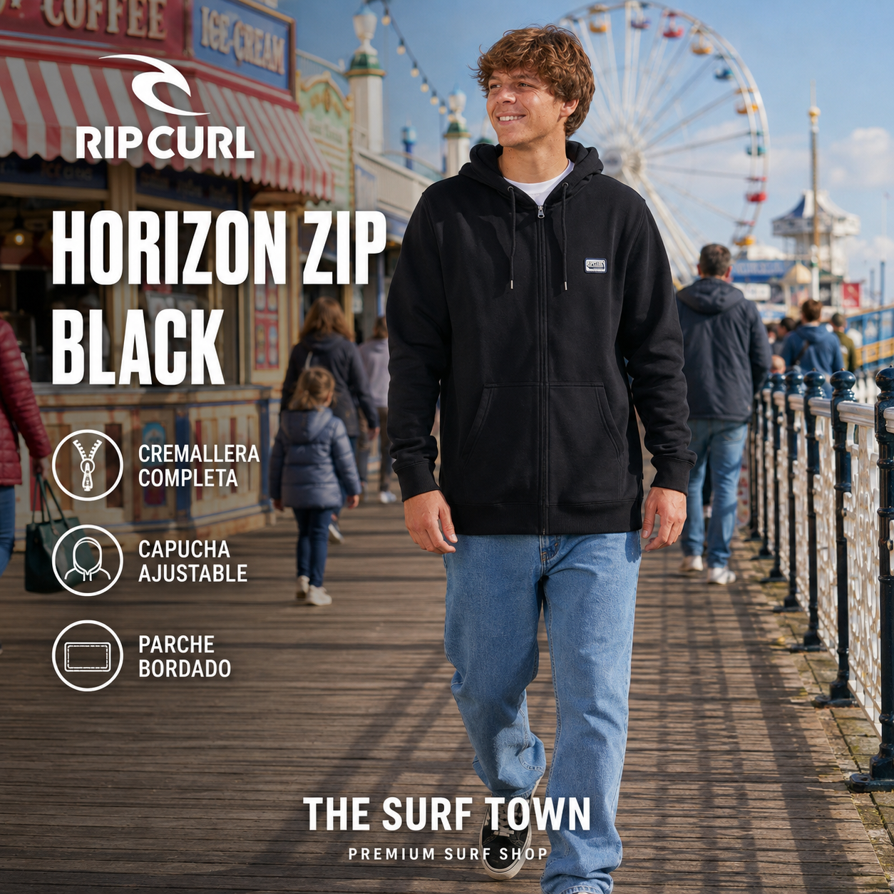 Hombre con sudadera Rip Curl Horizon Zip Black en un muelle vacacional, imagen editorial propia de THE SURF TOWN