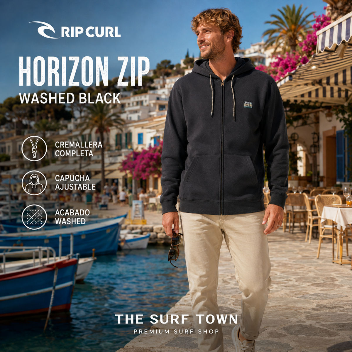 Hombre con sudadera Rip Curl Horizon Zip Washed Black en un destino costero, imagen editorial propia de THE SURF TOWN