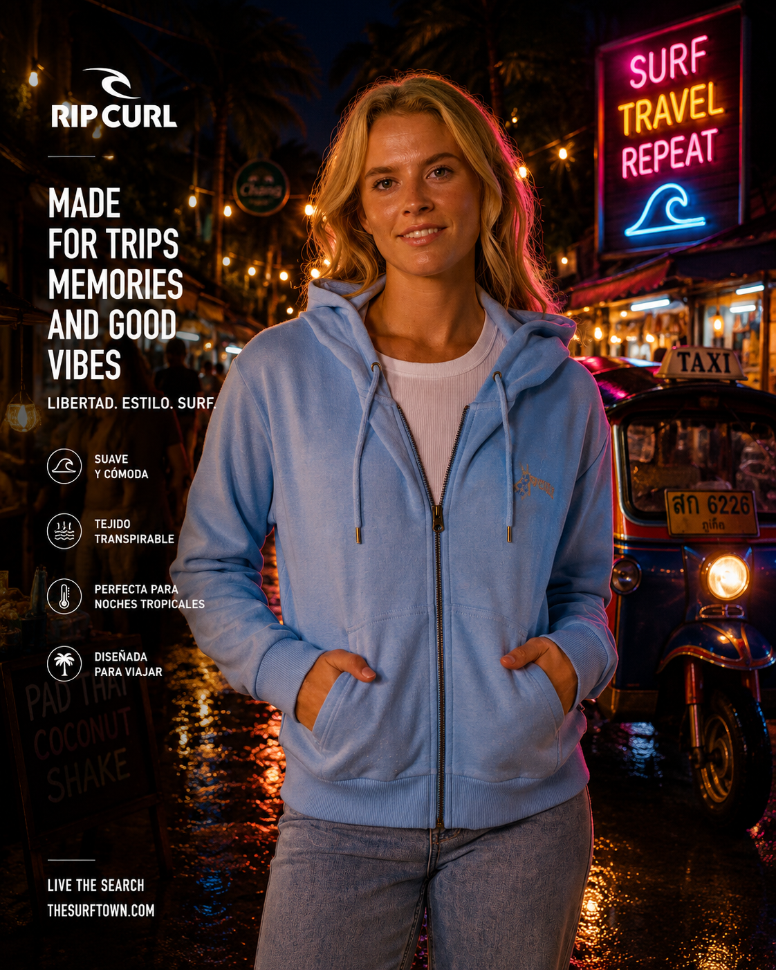 Sudadera Rip Curl Summer Zip Thru Hood Mid Blue para mujer con estilo surfwear premium y look beach lifestyle