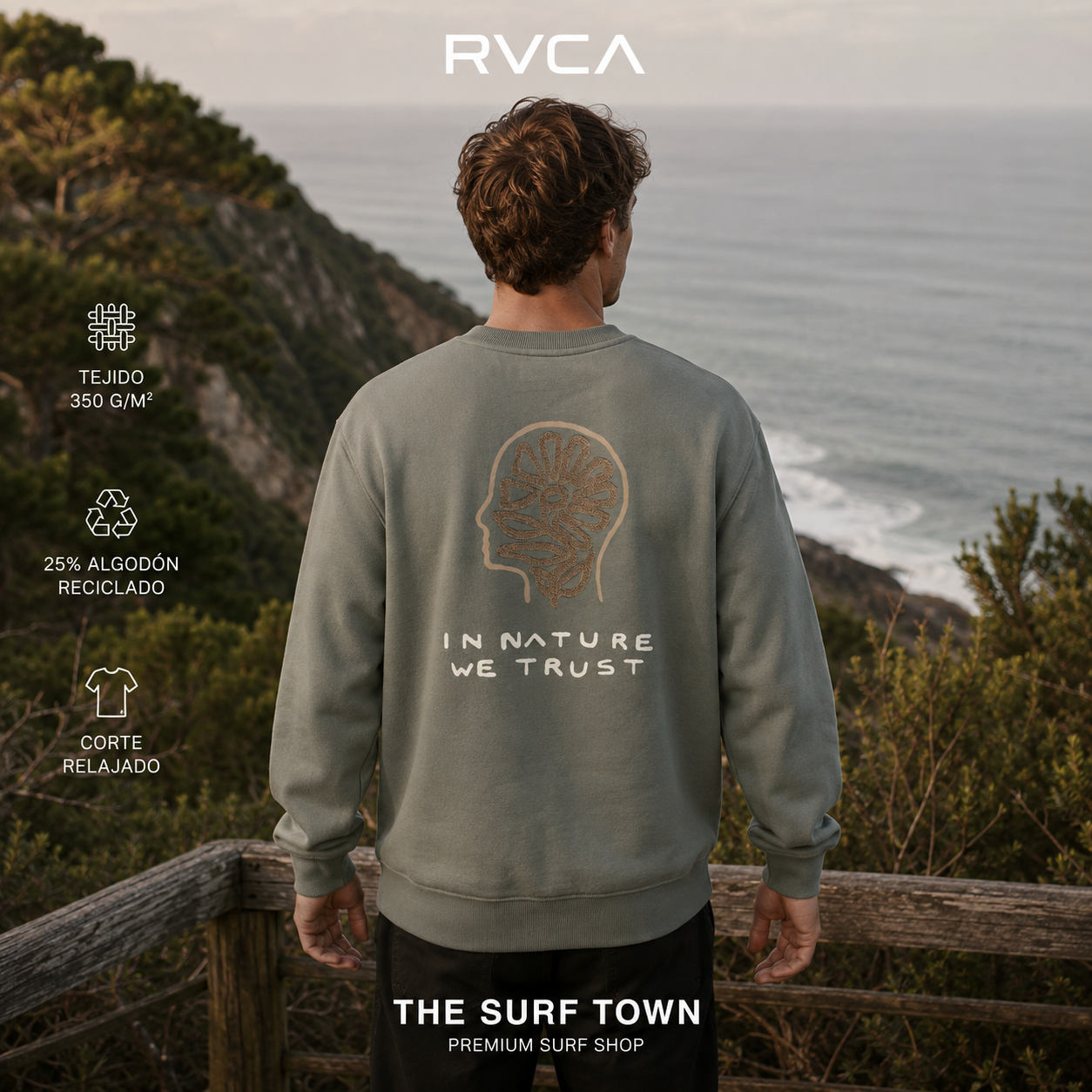 Espalda de la sudadera RVCA In Nature Sage Leaf en imagen editorial propia de THE SURF TOWN frente al océano