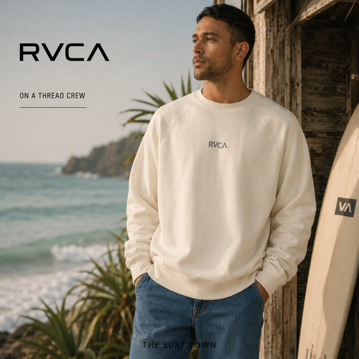 Sudadera RVCA On A Thread Crew blanca para hombre con estilo surf casual premium