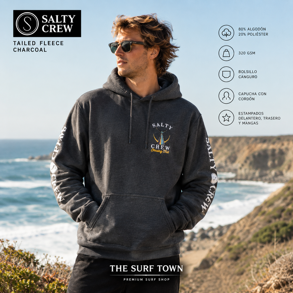 Sudadera Salty Crew Tailed Fleece Charcoal, imagen editorial propia de THE SURF TOWN