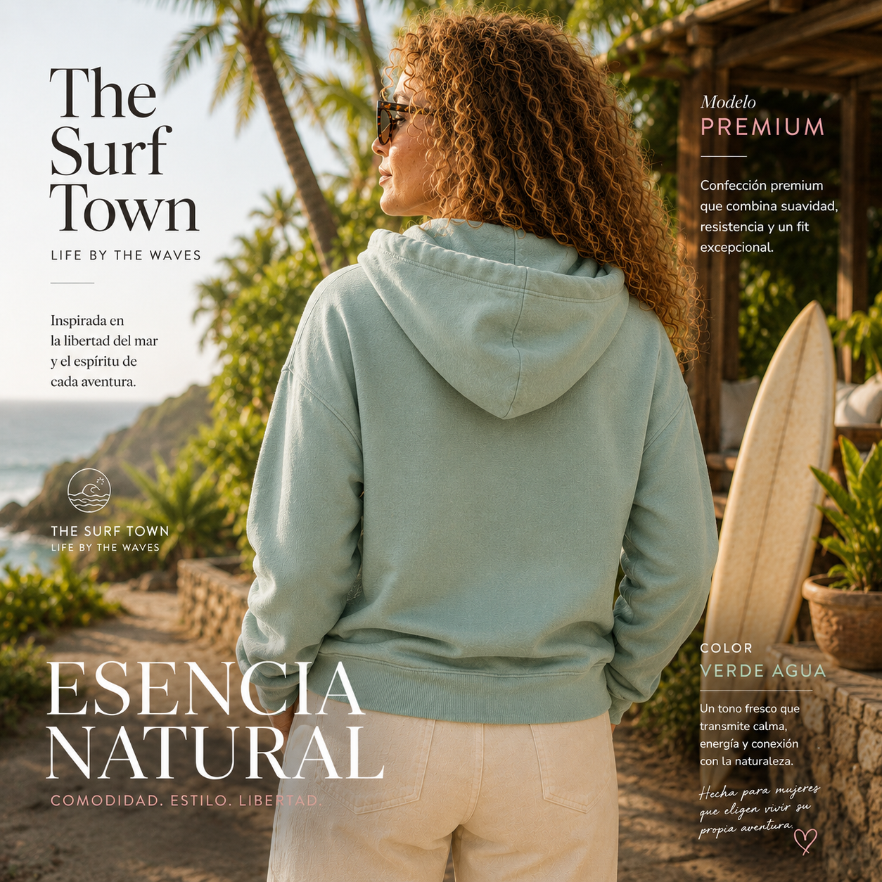 Parte trasera de la sudadera The Surf Town Premium Aqua Green de algodón orgánico para mujer en color verde agua con estilo surf lifestyle premium