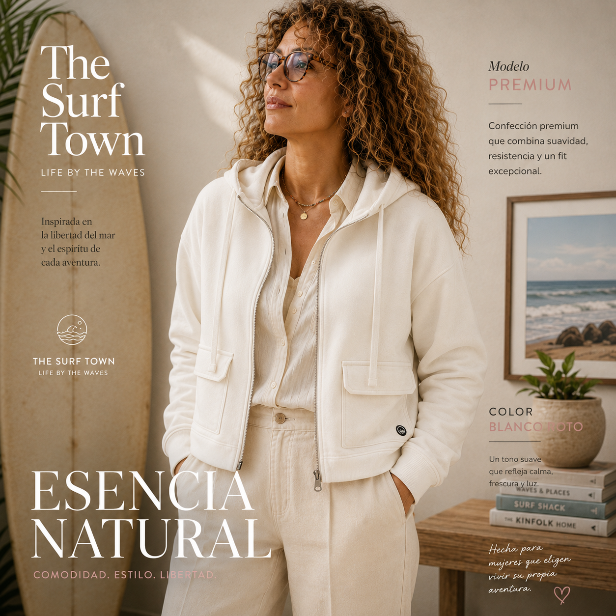 Sudadera The Surf Town Premium Off White de algodón orgánico para mujer con diseño surf lifestyle en color blanco roto
