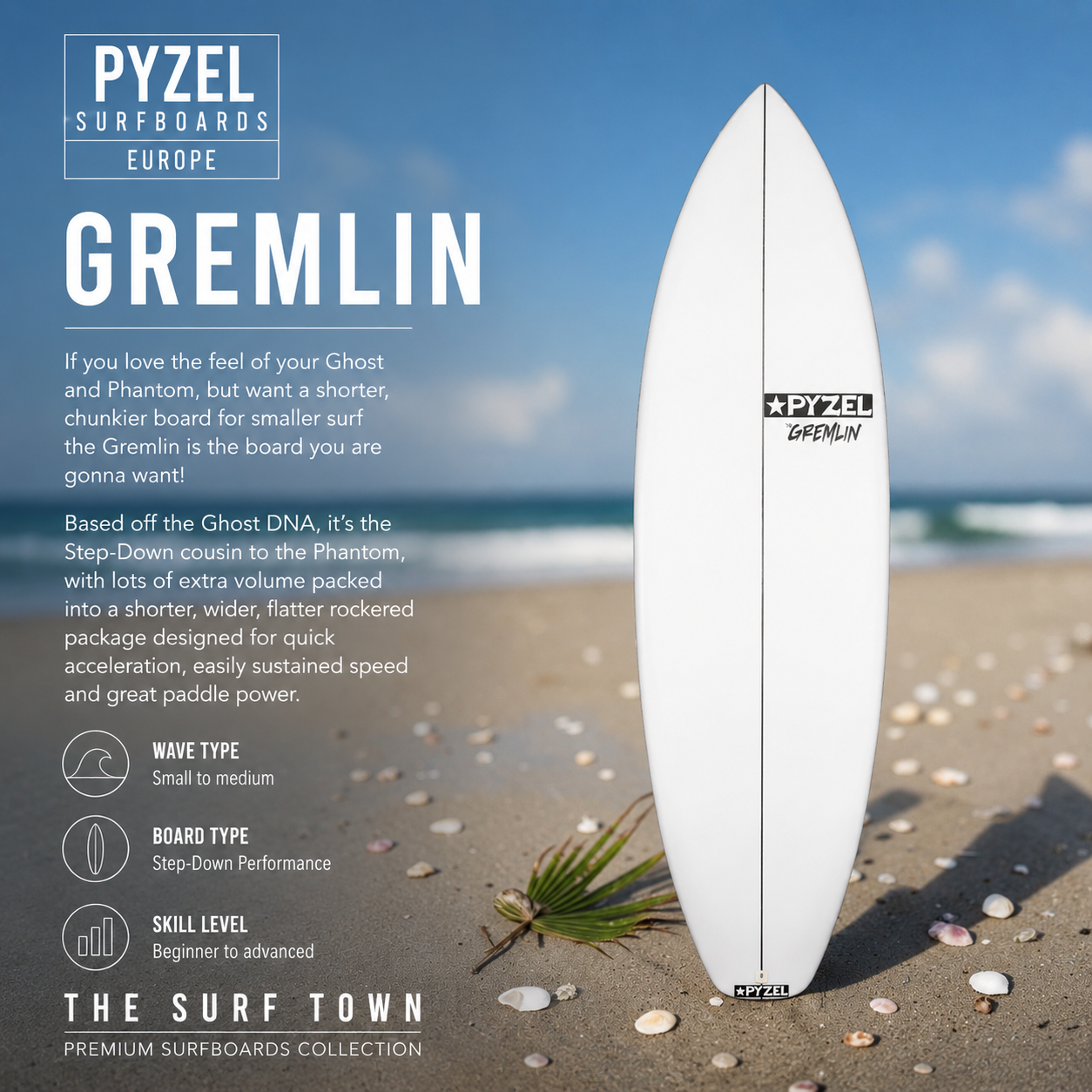 Tabla de surf Pyzel Gremlin en fotografía editorial propia de THE SURF TOWN con ambiente surf lifestyle premium, playa soleada, mar azul y escenario costero diseñado para destacar este modelo de alto volumen, gran velocidad y excelente remada para olas pequeñas y medianas.